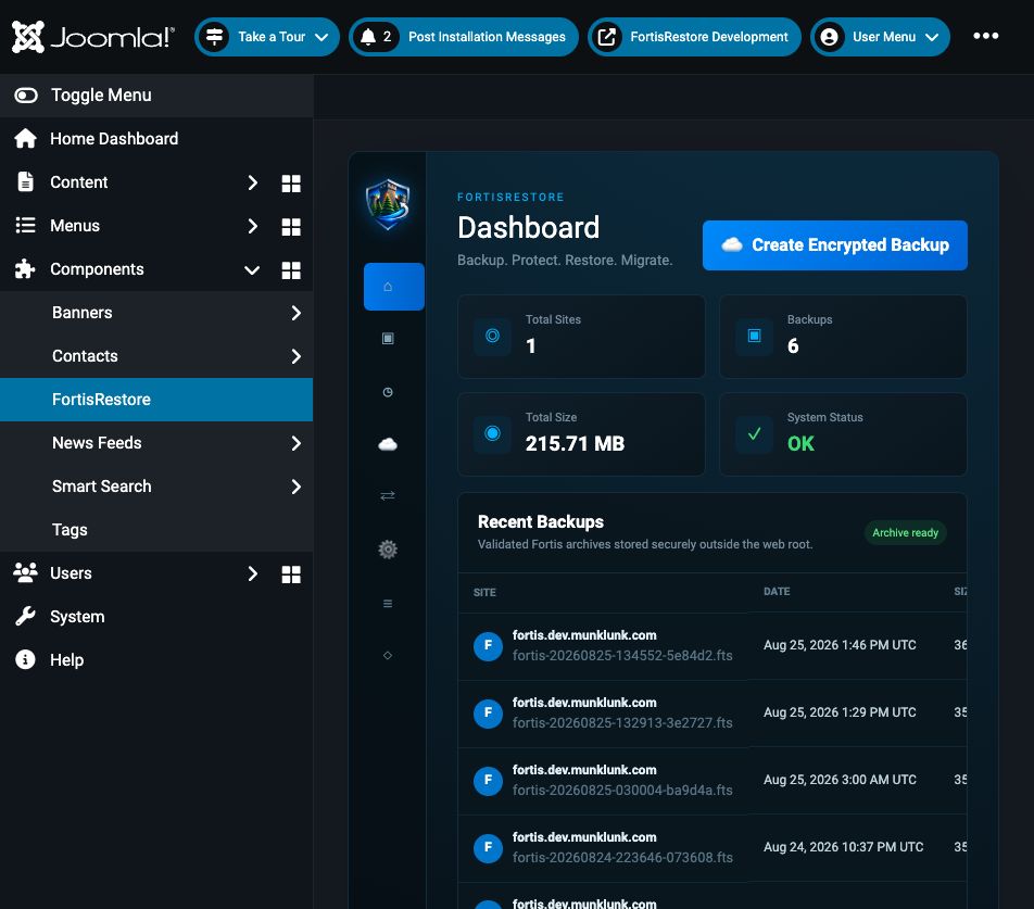 The real FortisRestore dashboard showing verified backups and system status