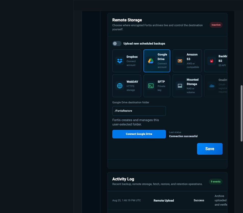 FortisRestore remote storage providers including Dropbox and Google Drive