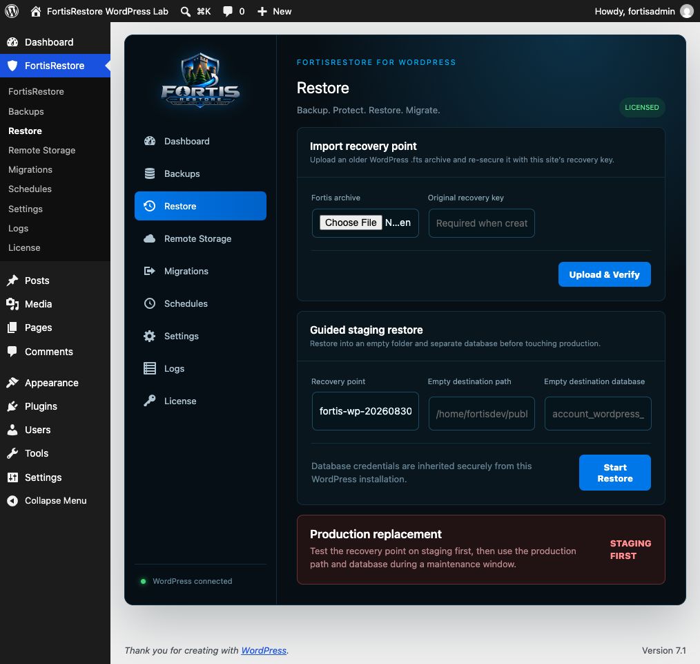 Full FortisRestore WordPress upload and staging restore screen