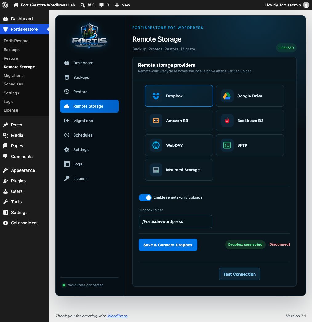 Full FortisRestore WordPress remote storage provider settings